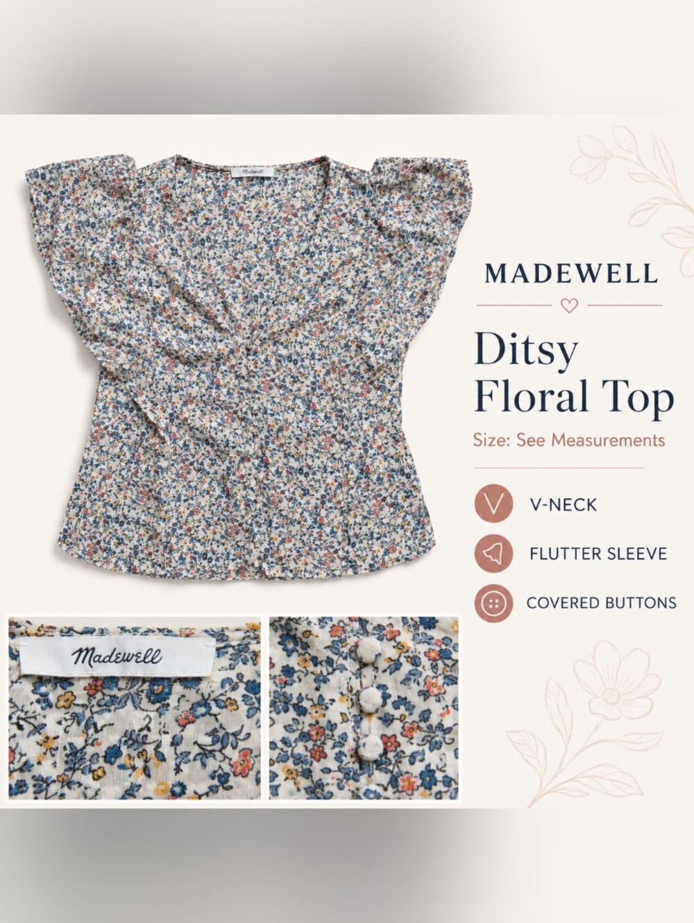 Madewell Ditsy Floral V-Neck Flutter Sleeve Top - Sz M/L